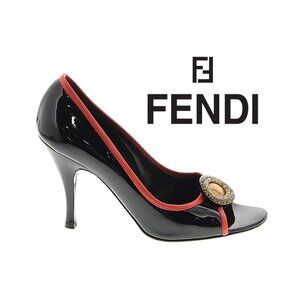 Vintage FENDI Black Patent Gold Medallion Peep Toe Pump